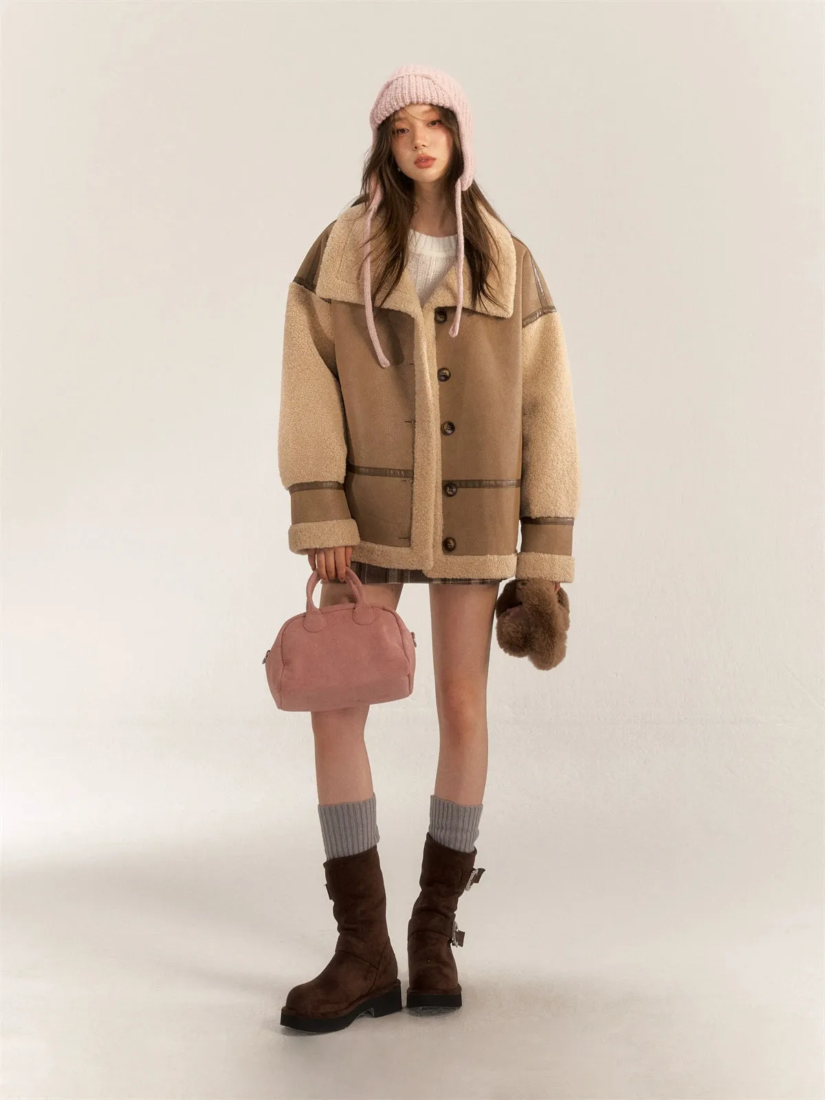 Color Block & Striped Faux Lamb Wool Coat