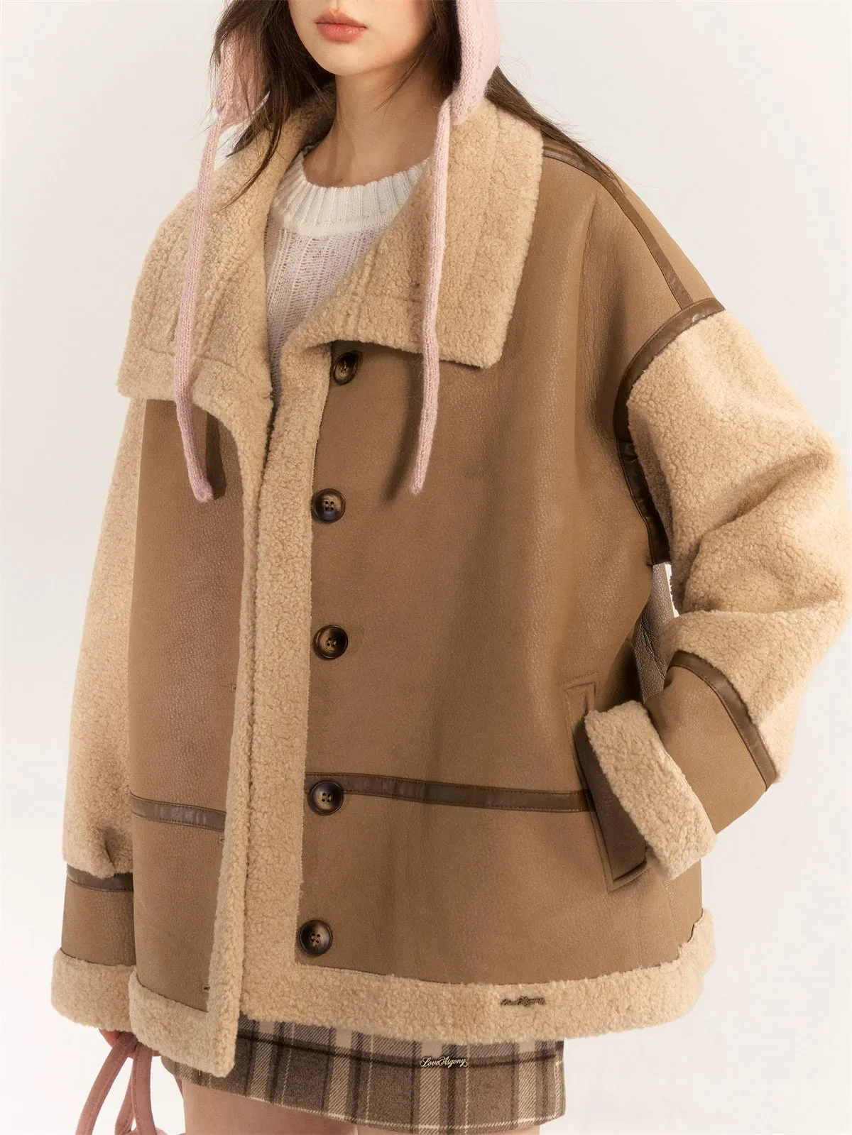 Color Block & Striped Faux Lamb Wool Coat
