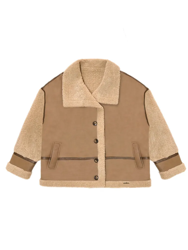Color Block & Striped Faux Lamb Wool Coat