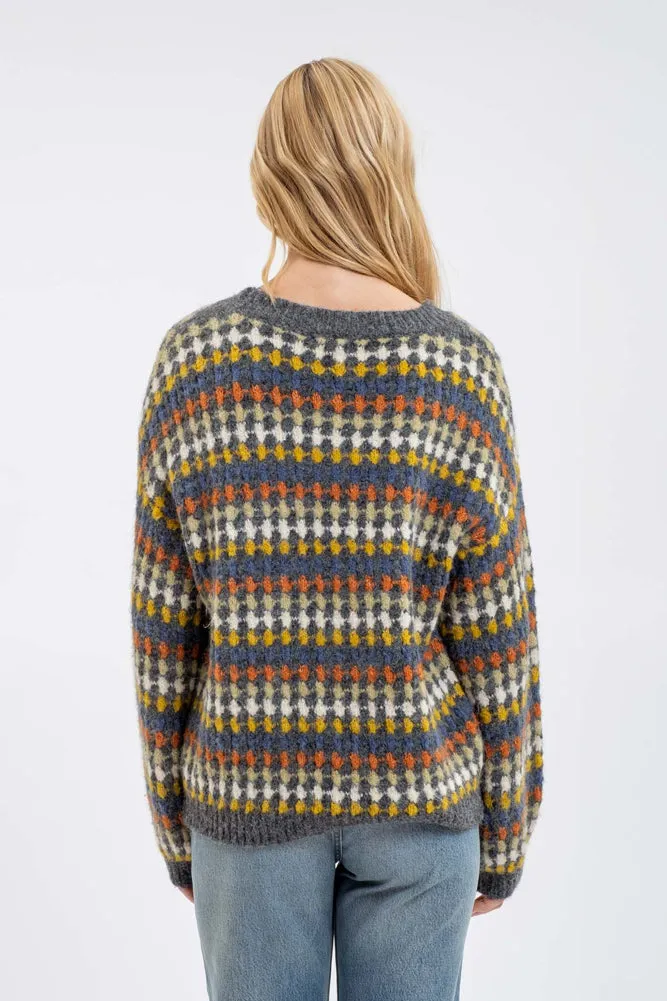 Crew Neck Knit Pullover Sweater in Charcoal Multi by Blu Pepper