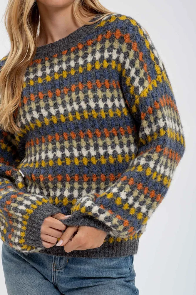 Crew Neck Knit Pullover Sweater in Charcoal Multi by Blu Pepper