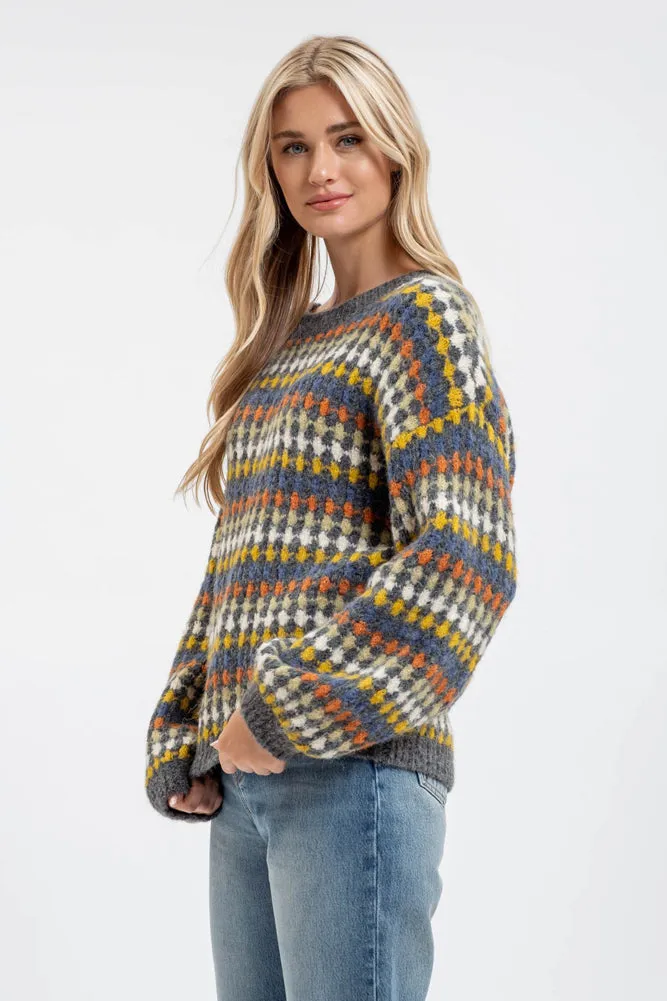 Crew Neck Knit Pullover Sweater in Charcoal Multi by Blu Pepper