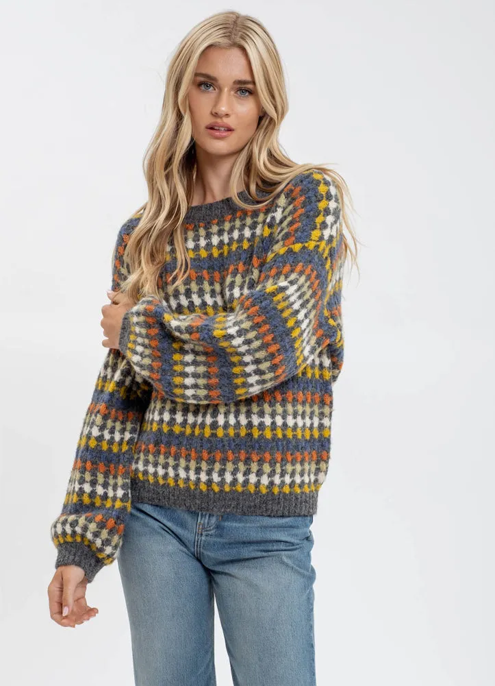 Crew Neck Knit Pullover Sweater in Charcoal Multi by Blu Pepper