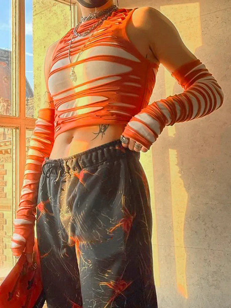 Cut Out Crop Top With Arm Gloves Streetwear Aesthetic Tank Tops
