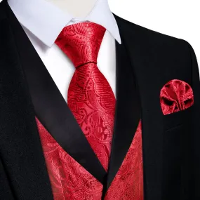 DiBanGu Classic Red Floral Silk Shawl Collar Mens Dress Vest Tie Set