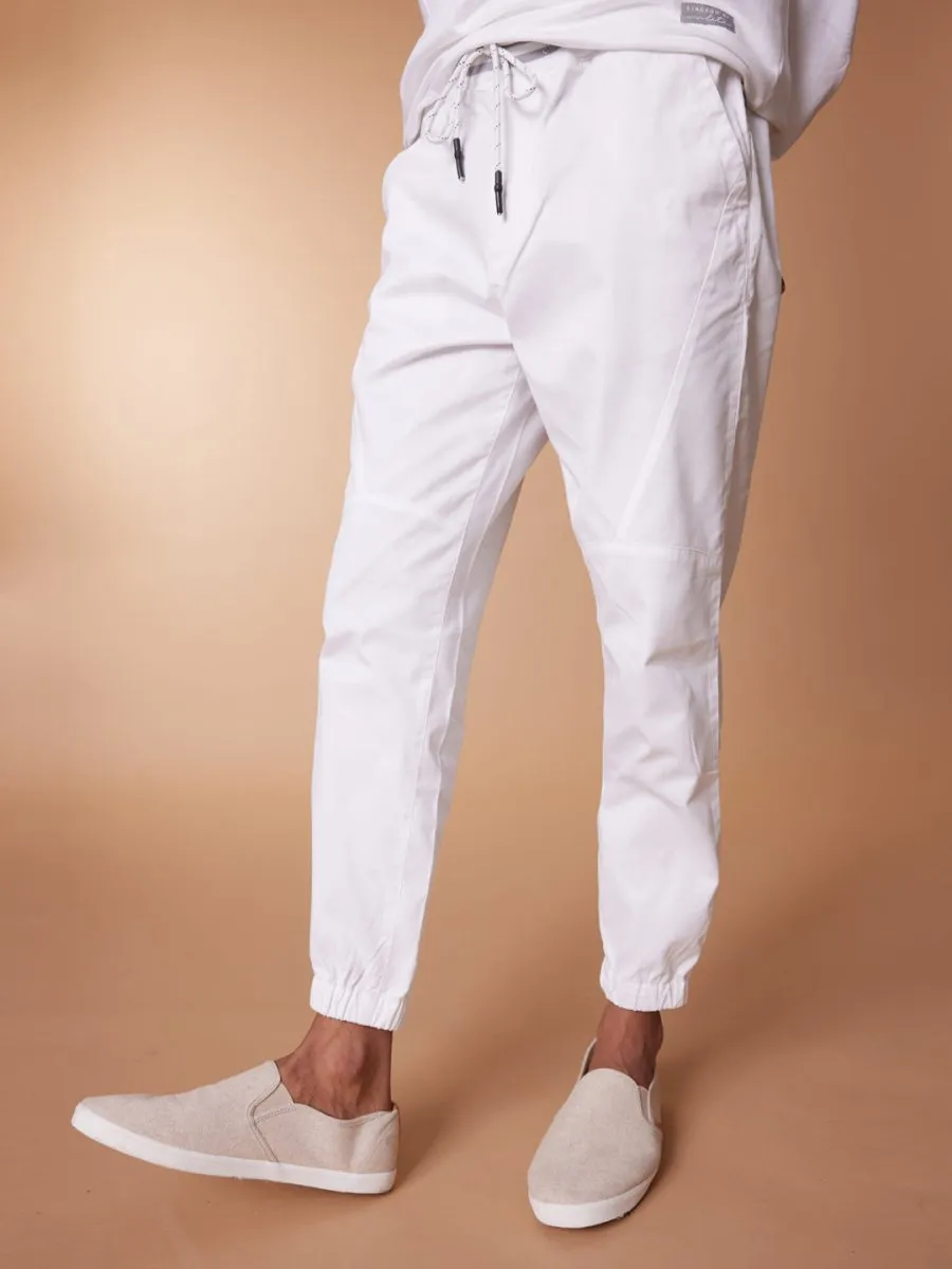 Drawstring Rib Waist White Jogger Pants - Voyager