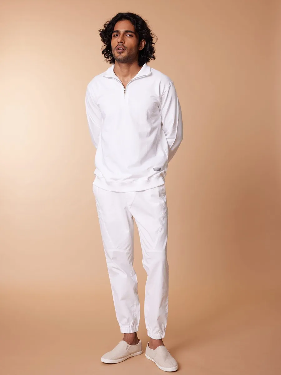 Drawstring Rib Waist White Jogger Pants - Voyager