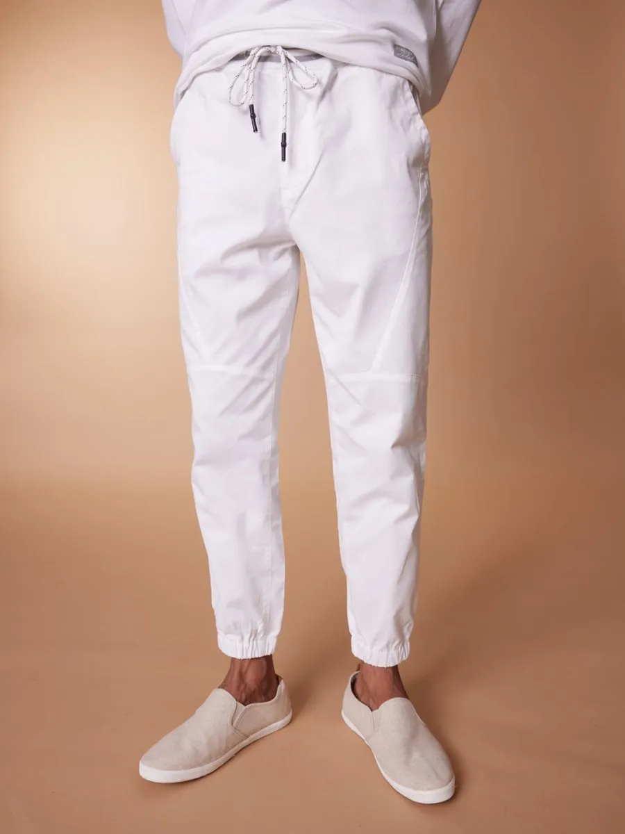 Drawstring Rib Waist White Jogger Pants - Voyager