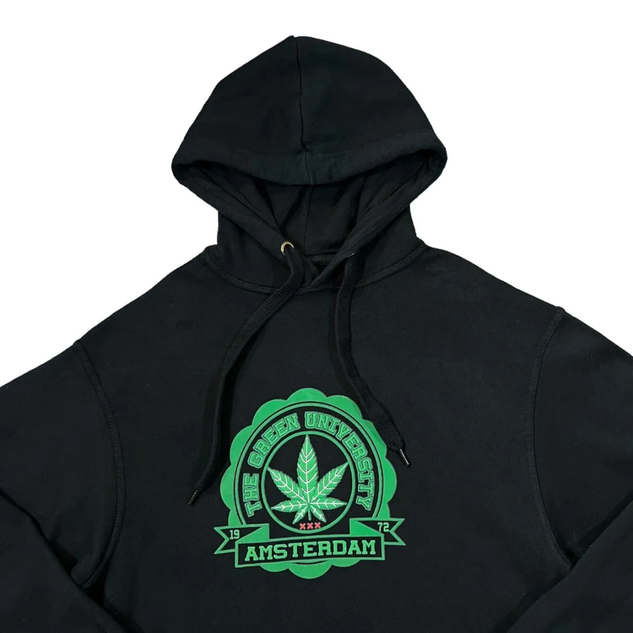 Early 00's THE GREEN UNIVERSITY "Amsterdam" Novelty Stoner Souvenir Graphic Pullover Hoodie