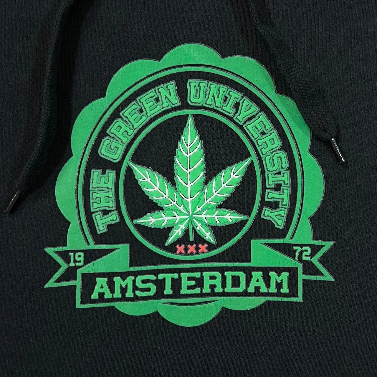 Early 00's THE GREEN UNIVERSITY "Amsterdam" Novelty Stoner Souvenir Graphic Pullover Hoodie