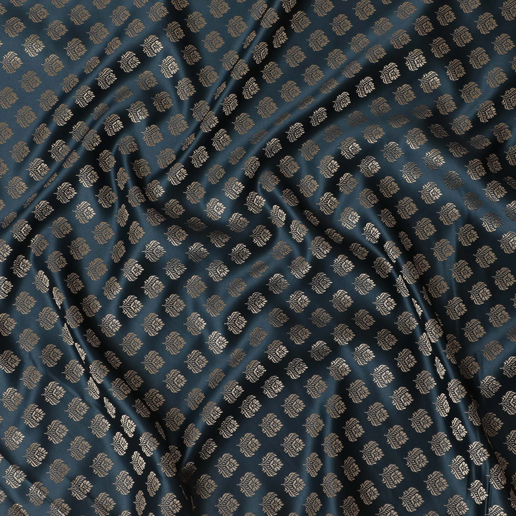 Elegant Teal and Gold Synthetic Brocade Fabric with Floral Pattern â€“ 140 cm Width-D19379
