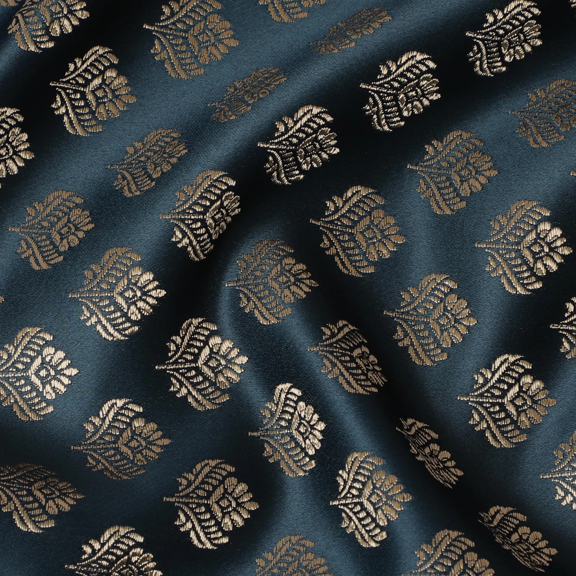 Elegant Teal and Gold Synthetic Brocade Fabric with Floral Pattern â€“ 140 cm Width-D19379
