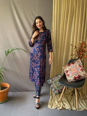 Ethnic Floral Printed Blue Kurti in Cotton with Pant