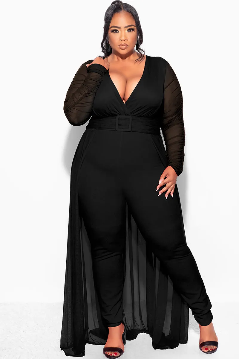 Final Sale  Plus Size Mesh Ruched Sleeve Jumpsuit with Attached Long Skirt in Black