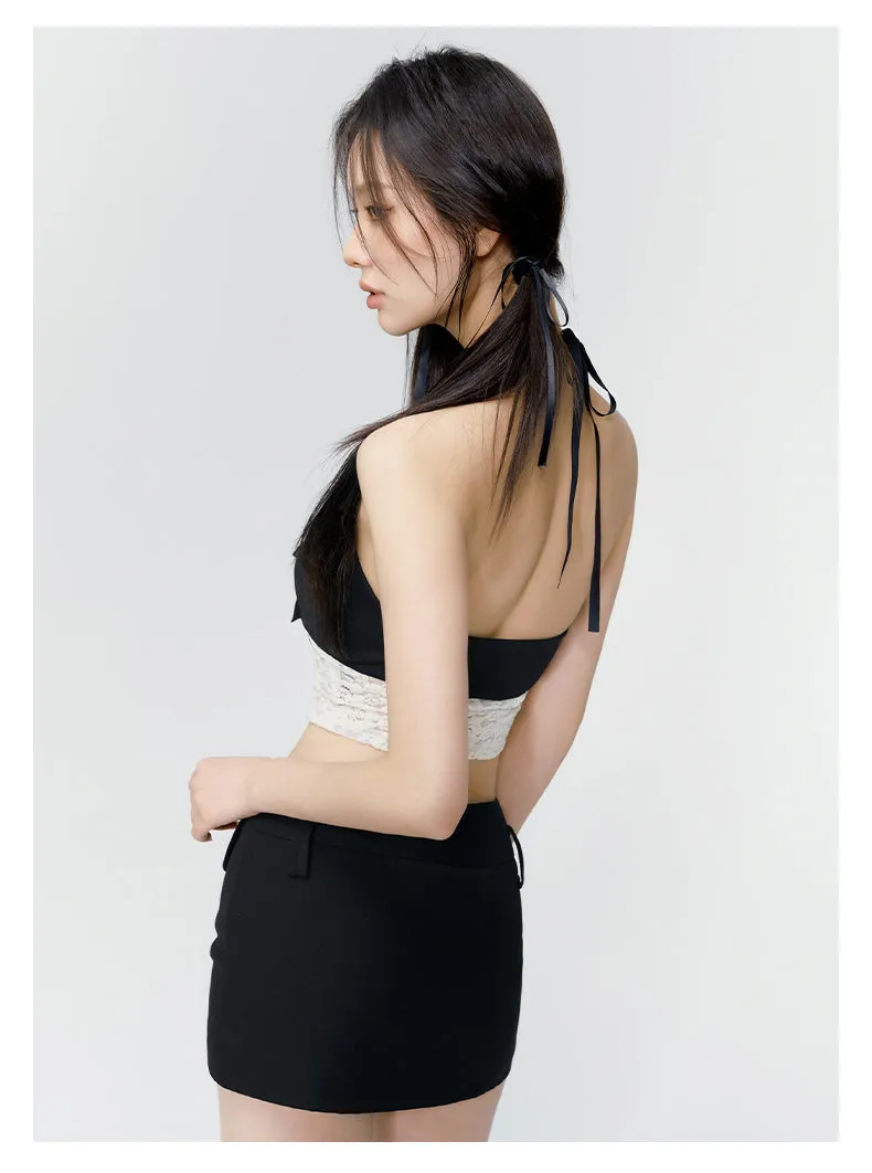 (Final Sale）Black & Grey Low-rise Blazer Mini Skirt
