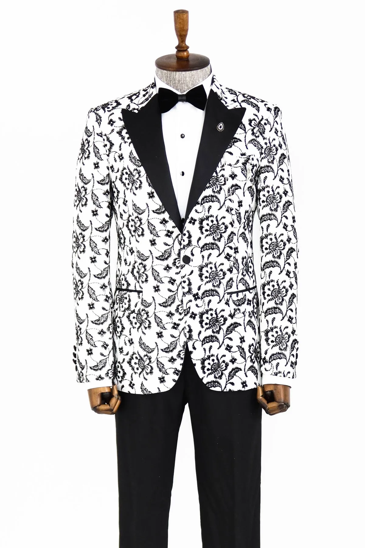 Floral Patterned Peak Lapel White Men  Wedding Tuxedo Blazer - Wessi