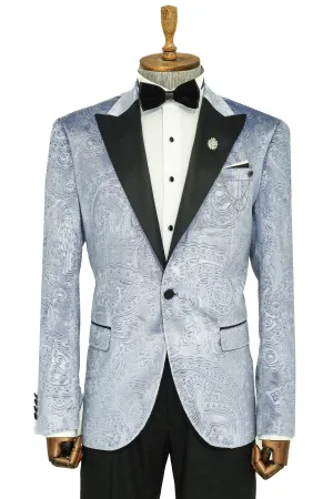 Floral Patterned Velvet Blue Men Wedding Grooms Blazer - Wessi