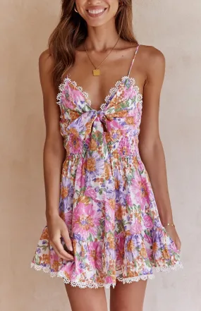 Girlary-shop summer outfits inspo Style New Women's Lace Decorative Chest Knotted Printed Backless Waist-Tight Suspender Jumpsuit Skirt Ins