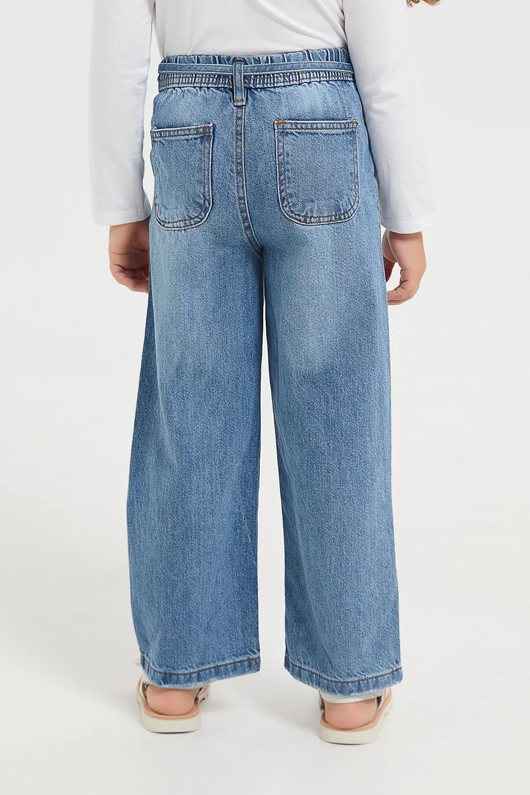 Girls Blue Wide Joggers With Belt