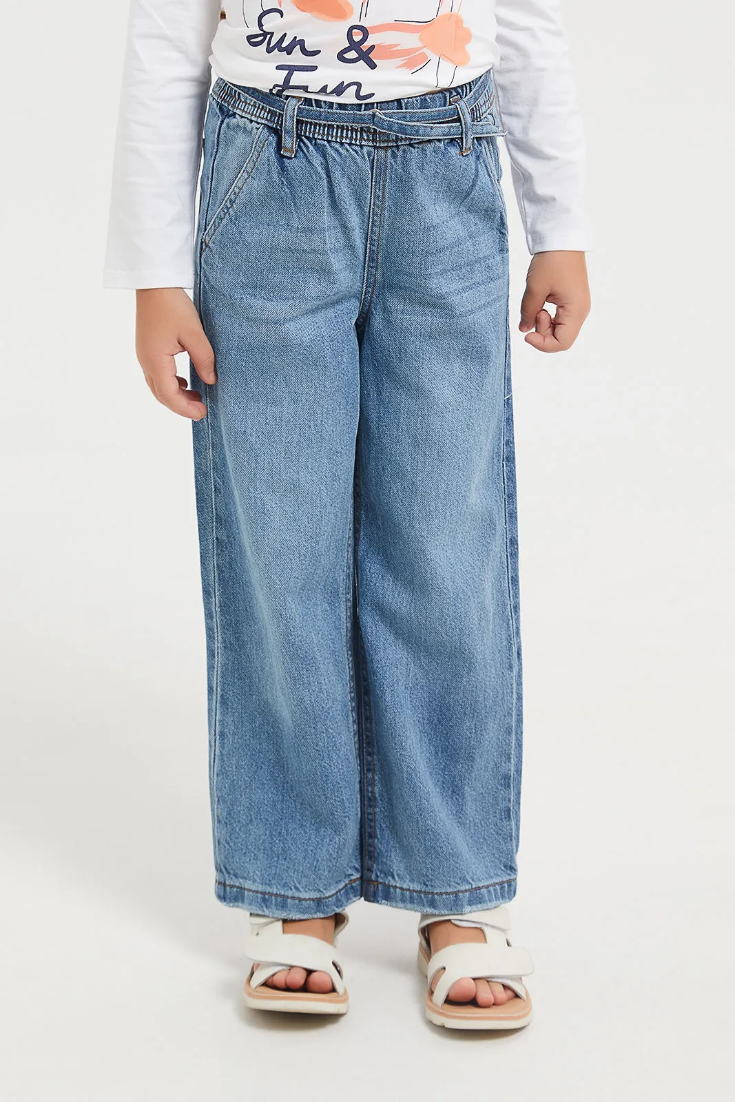 Girls Blue Wide Joggers With Belt