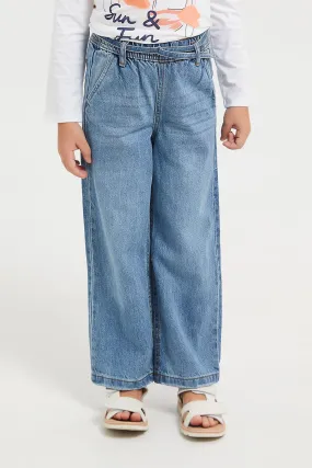 Girls Blue Wide Joggers With Belt