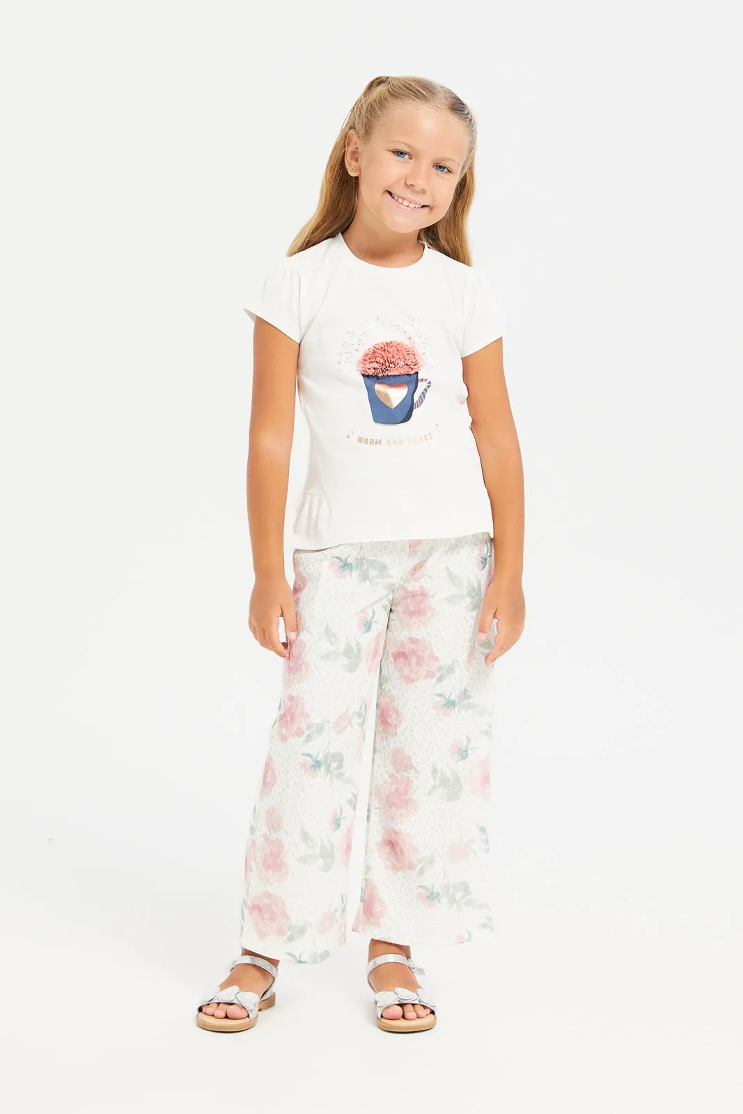 Girls Cream Printed Lace Trousers