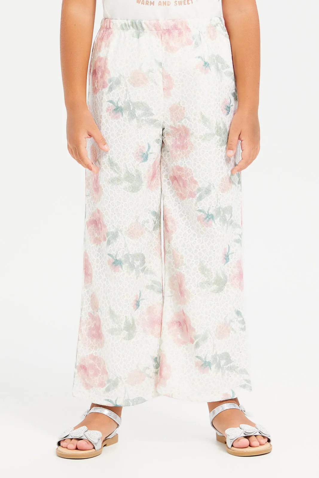 Girls Cream Printed Lace Trousers