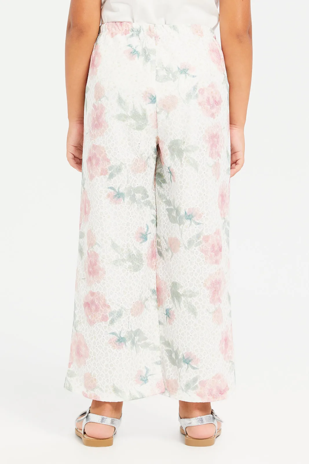 Girls Cream Printed Lace Trousers