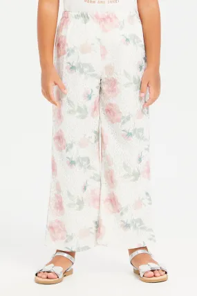 Girls Cream Printed Lace Trousers