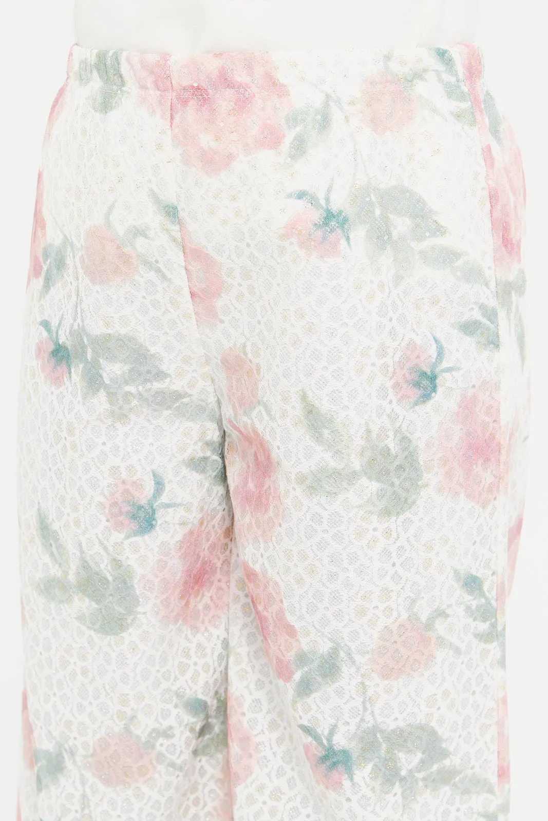 Girls Cream Printed Lace Trousers