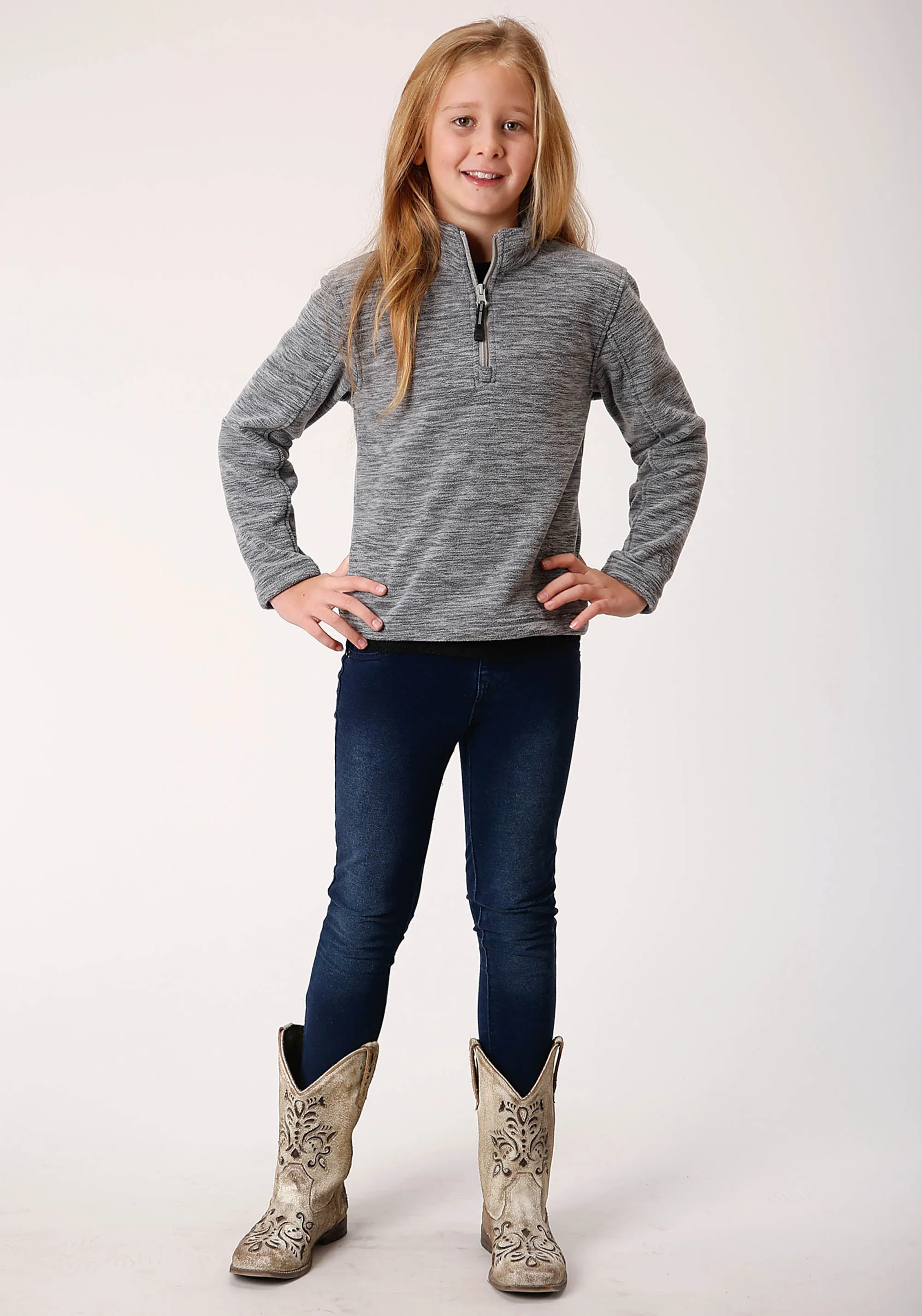 GIRLS HEATHERED GREY FLEECE 3/4 ZIP PULLOVER