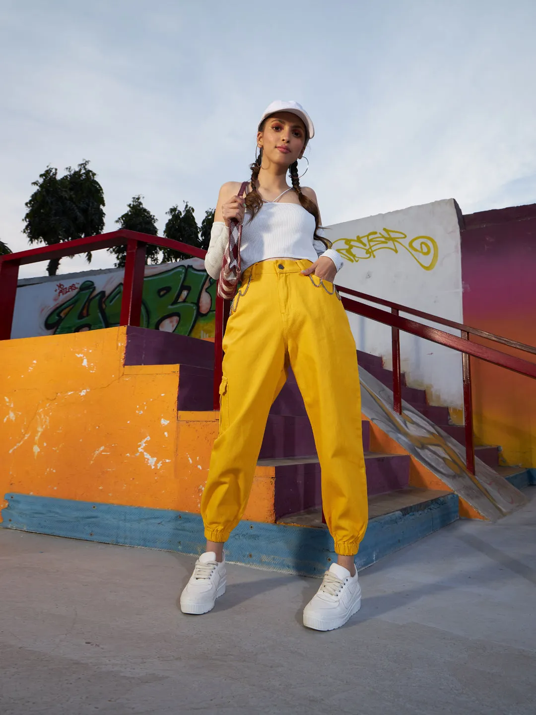Girls Mustard Chain Detail Jogger Jeans