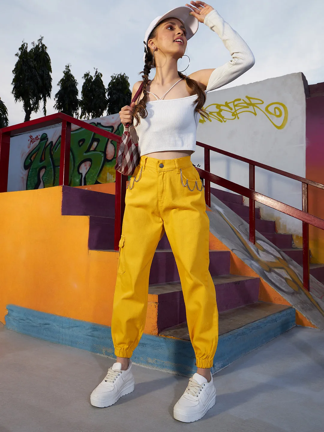 Girls Mustard Chain Detail Jogger Jeans