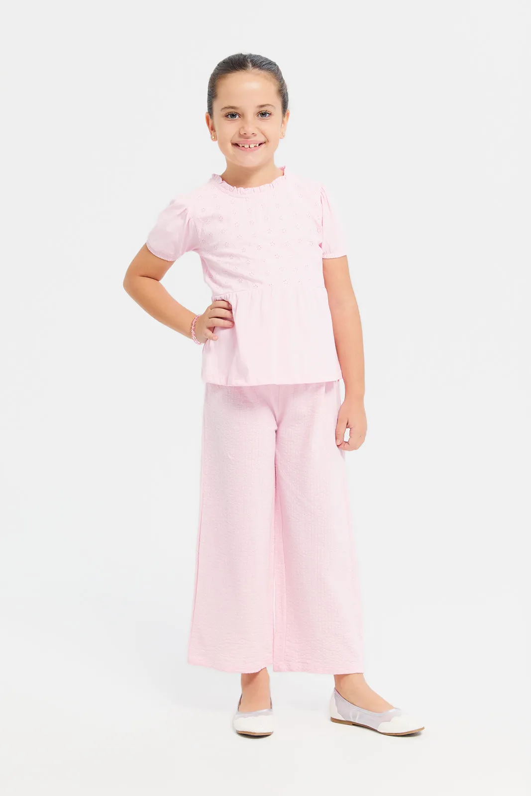Girls Pink Textured Trousers