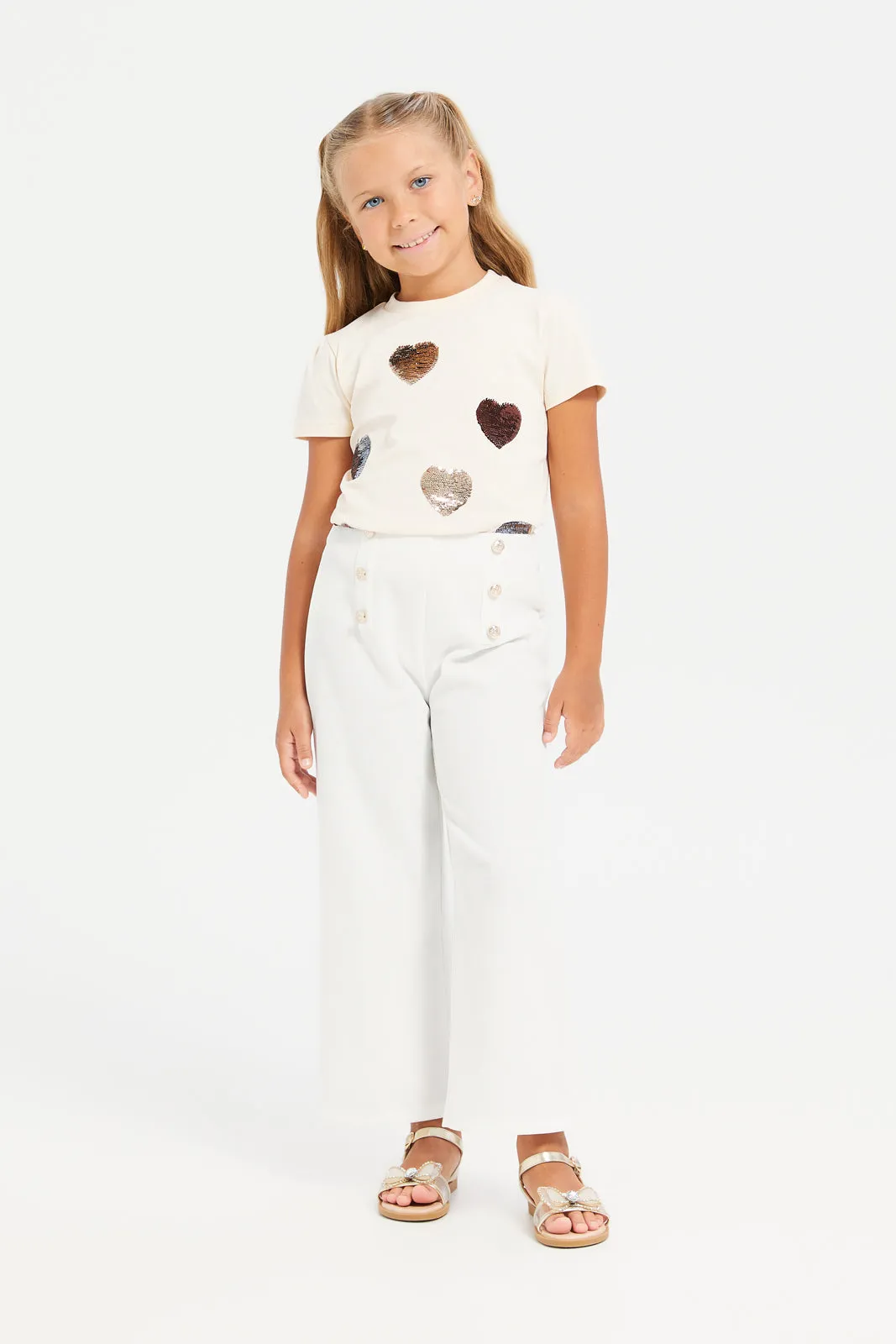 Girls White Casual Buttoned Trousers