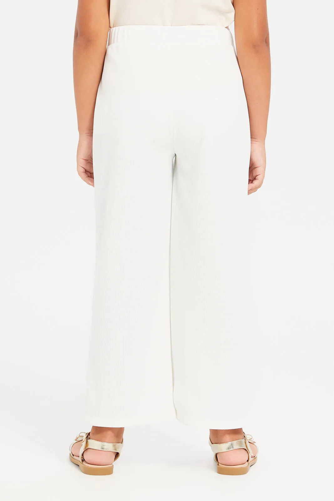 Girls White Casual Buttoned Trousers