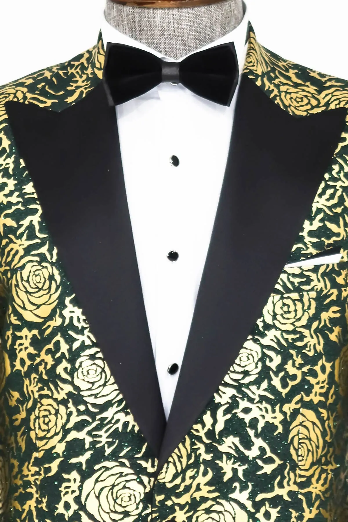 Gold Rose Patterned Slim Fit Green Men Singer Tuxedo Jacket - Wessi