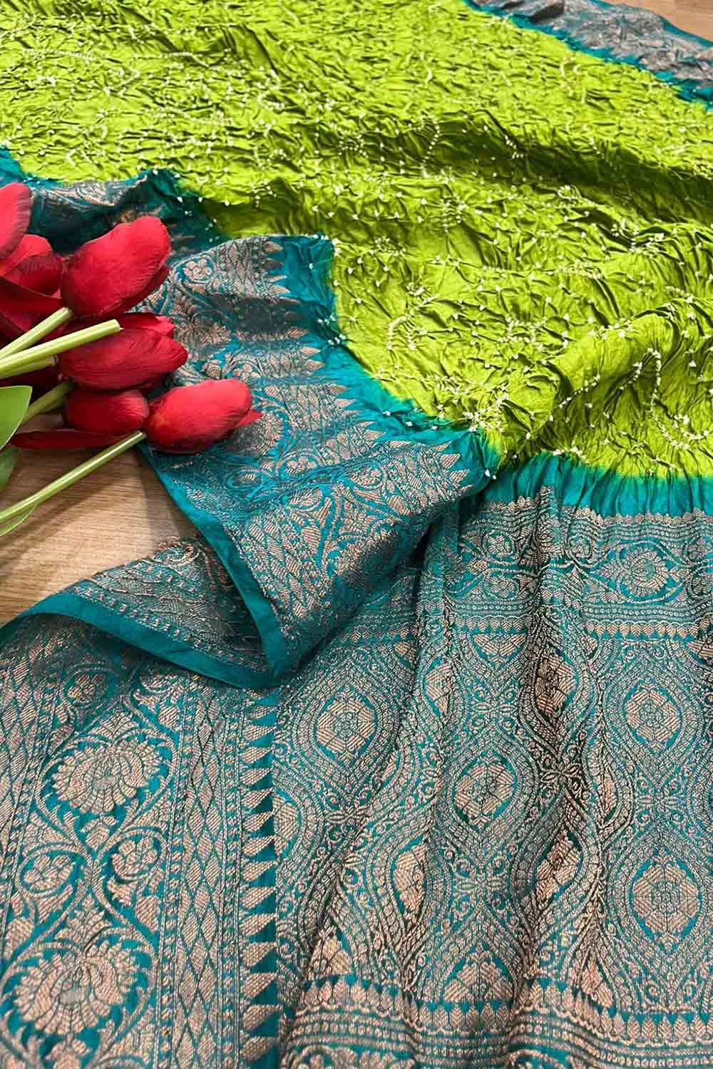 Green Bandhani Kanjeevaram Border Silk Dupatta - Pure Elegance