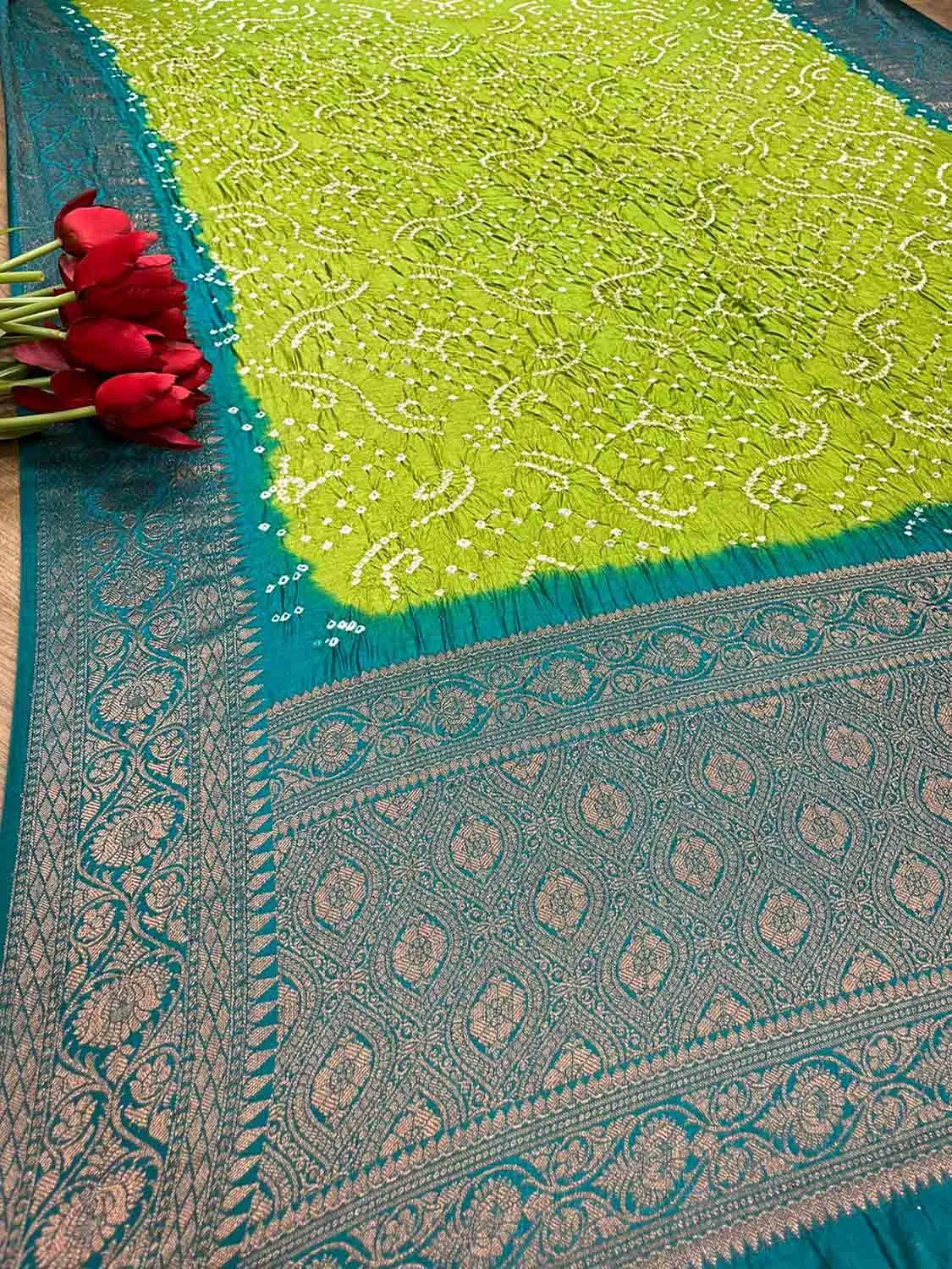 Green Bandhani Kanjeevaram Border Silk Dupatta - Pure Elegance