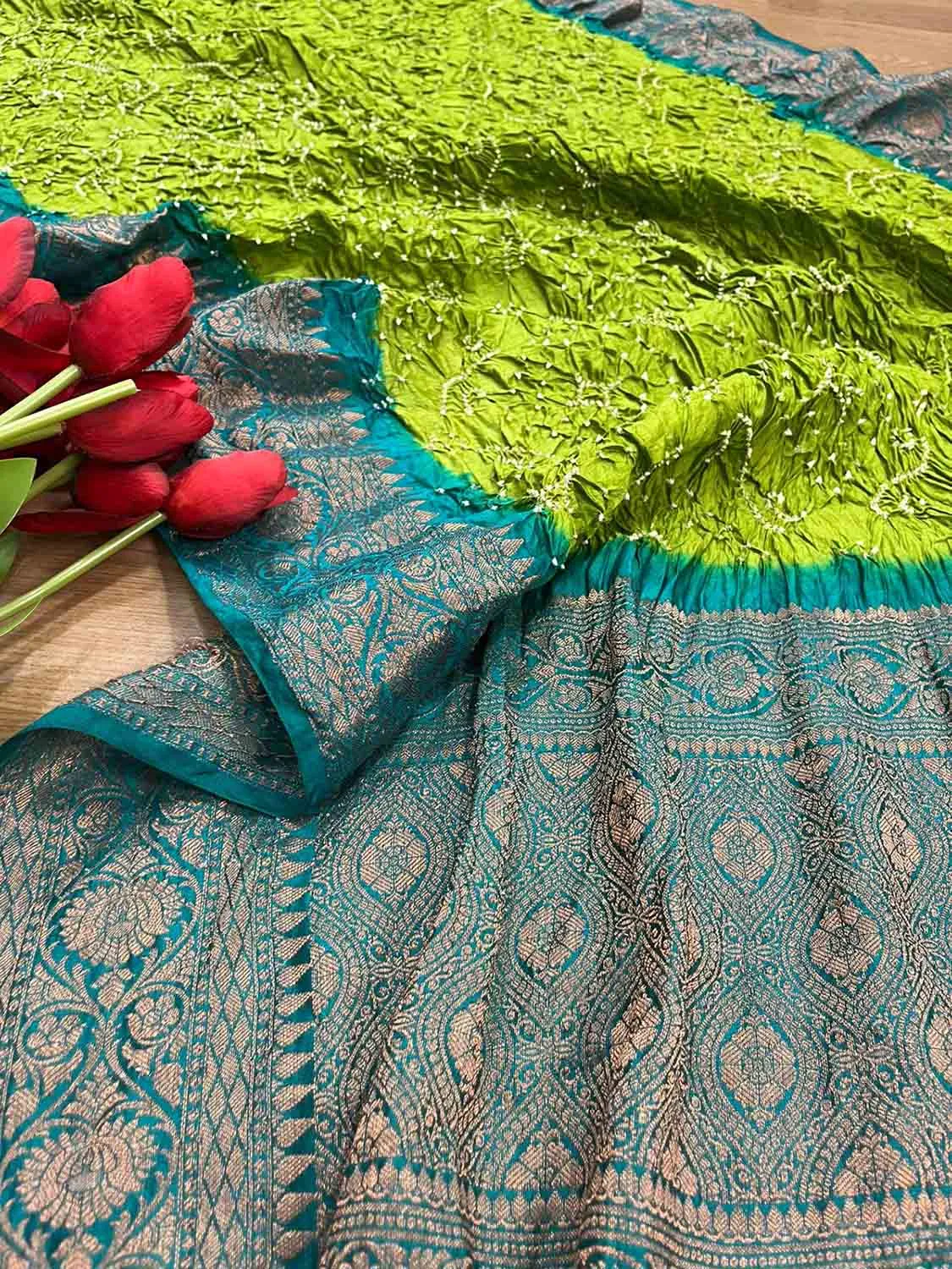 Green Bandhani Kanjeevaram Border Silk Dupatta - Pure Elegance