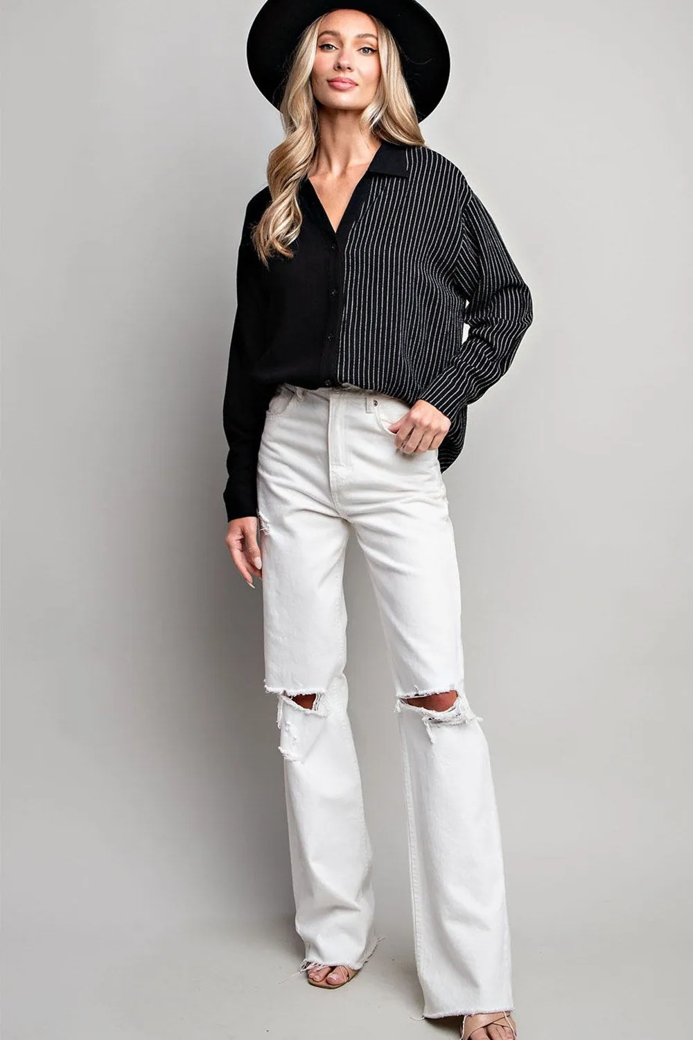 Half stripe printed long sleeve shirt top with button down front