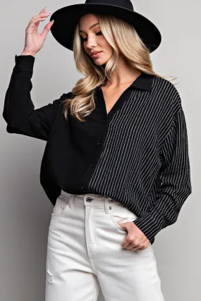 Half stripe printed long sleeve shirt top with button down front