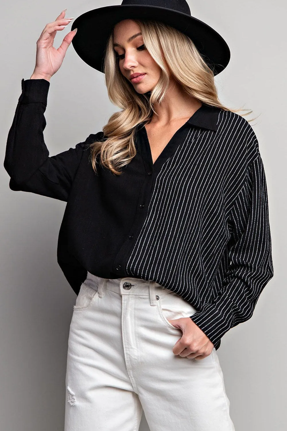 Half stripe printed long sleeve shirt top with button down front