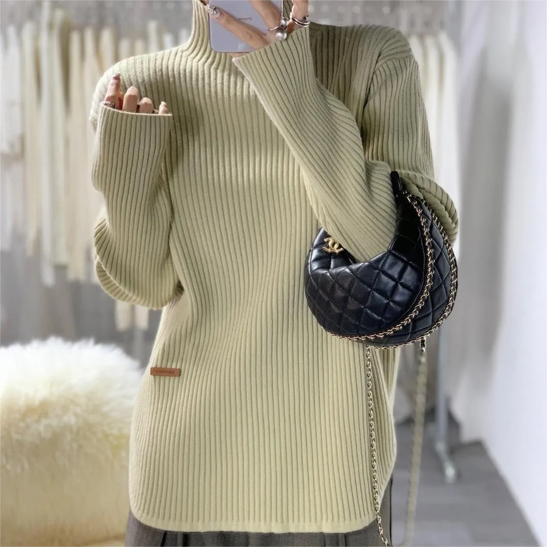 High Neck Split Knitted Women's Long-sleeved Sweater