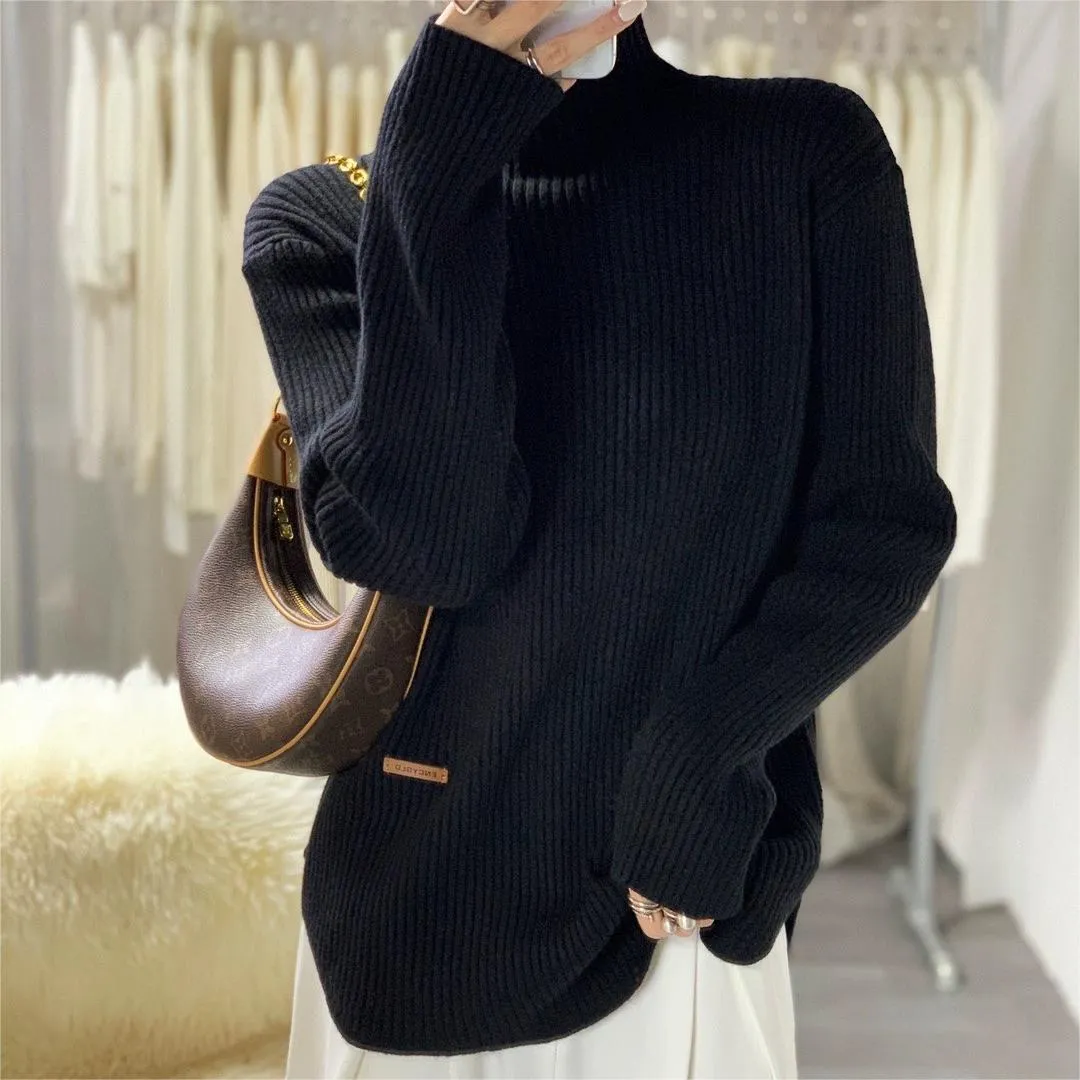 High Neck Split Knitted Women's Long-sleeved Sweater