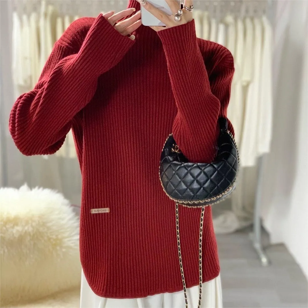 High Neck Split Knitted Women's Long-sleeved Sweater