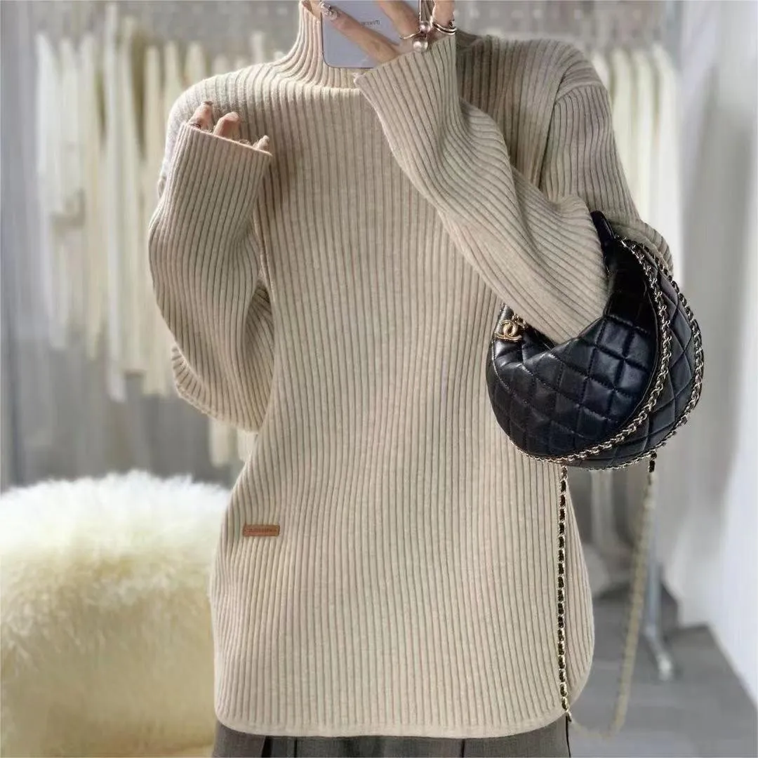 High Neck Split Knitted Women's Long-sleeved Sweater