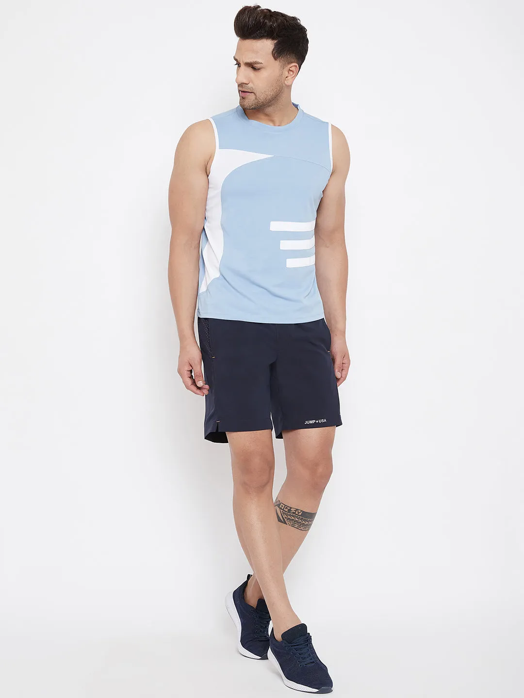 JUMP USA Men Blue & White Striped Active Wear T-shirt