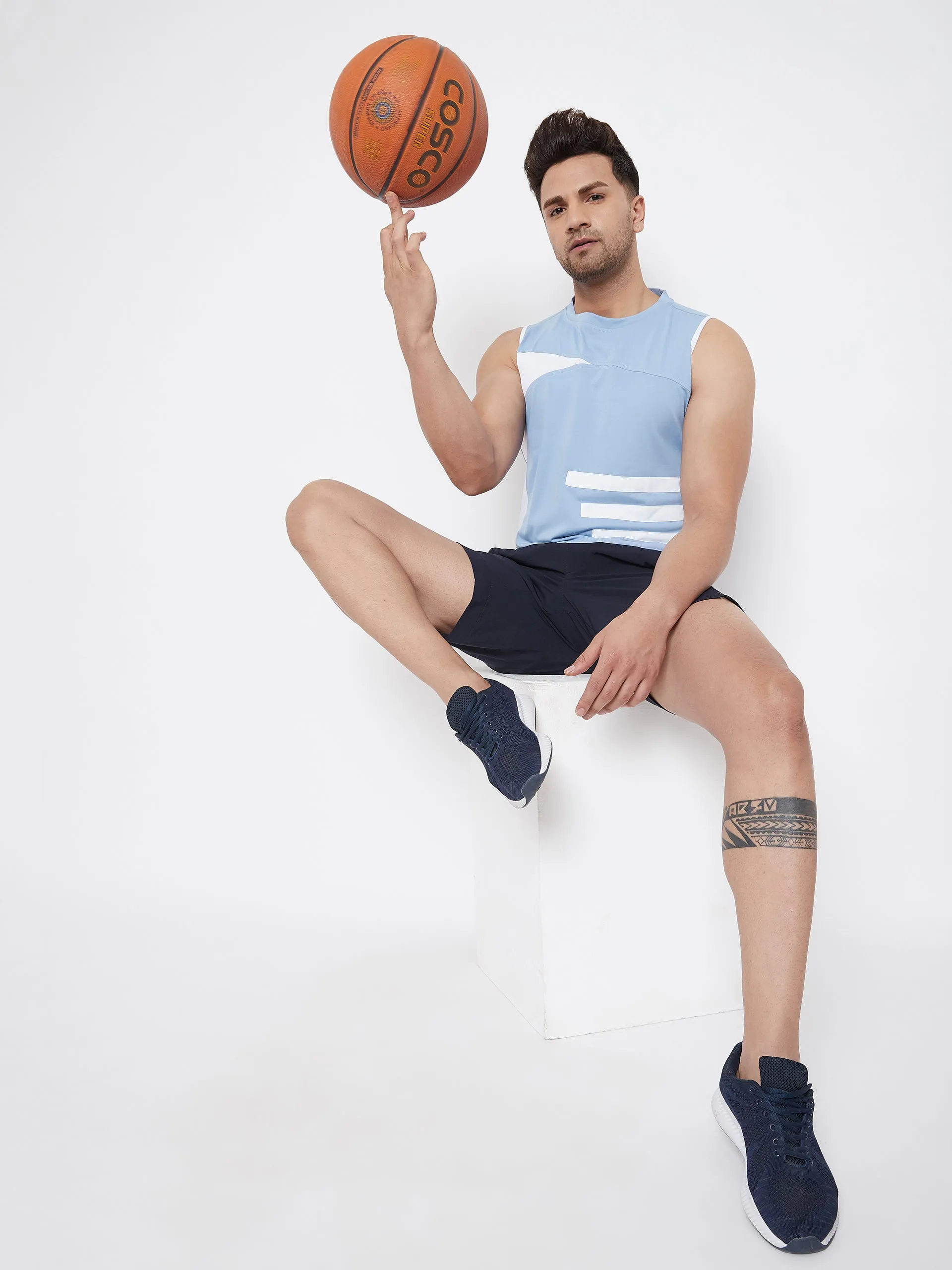 JUMP USA Men Blue & White Striped Active Wear T-shirt