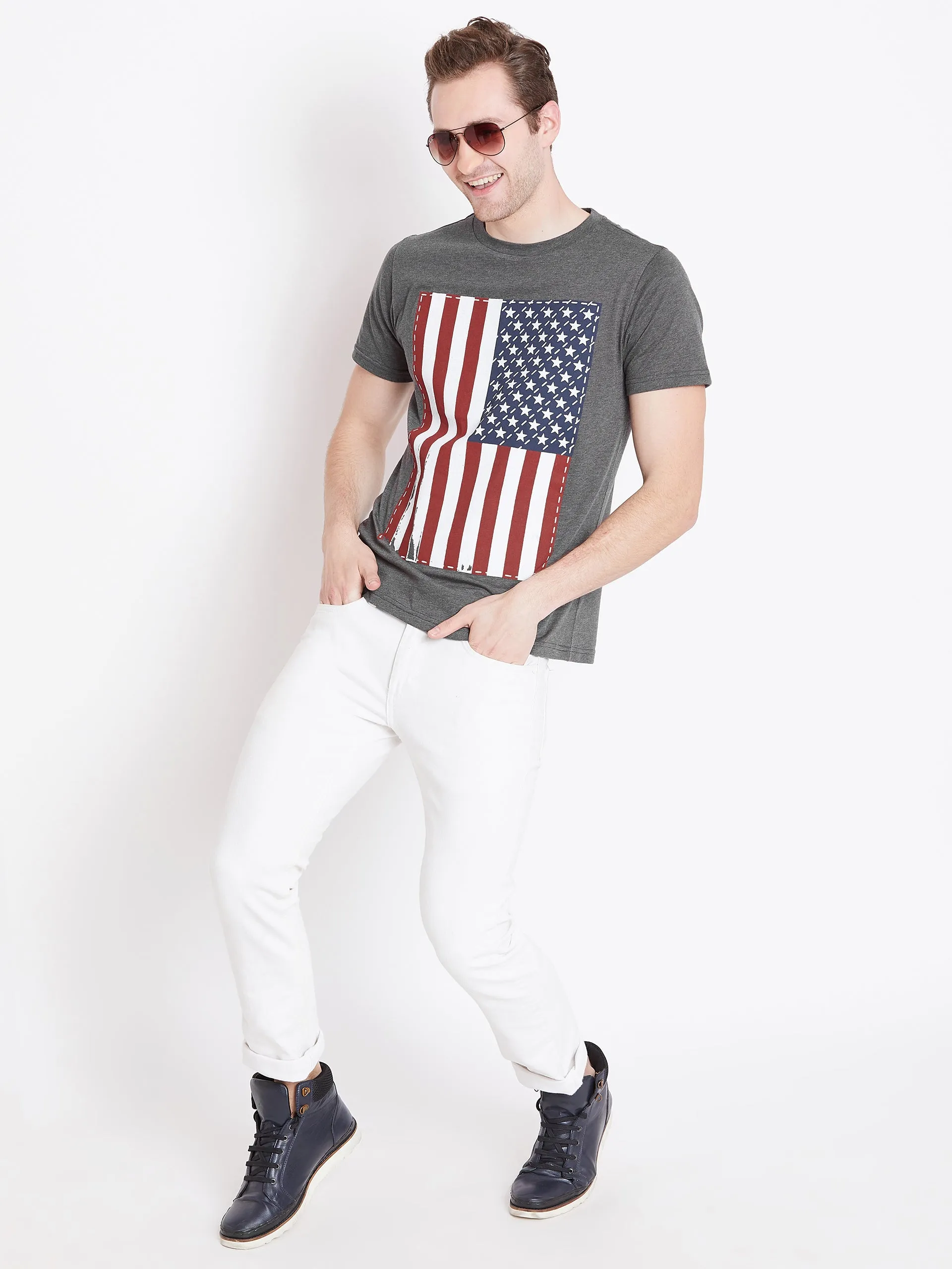 JUMP USA Men Grey Melange Printed Round Neck T-shirt